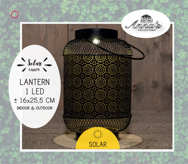 Solcelle lanterne i cylinderformet orientalsk design, sortmalet med gylden inderside. CB739838  