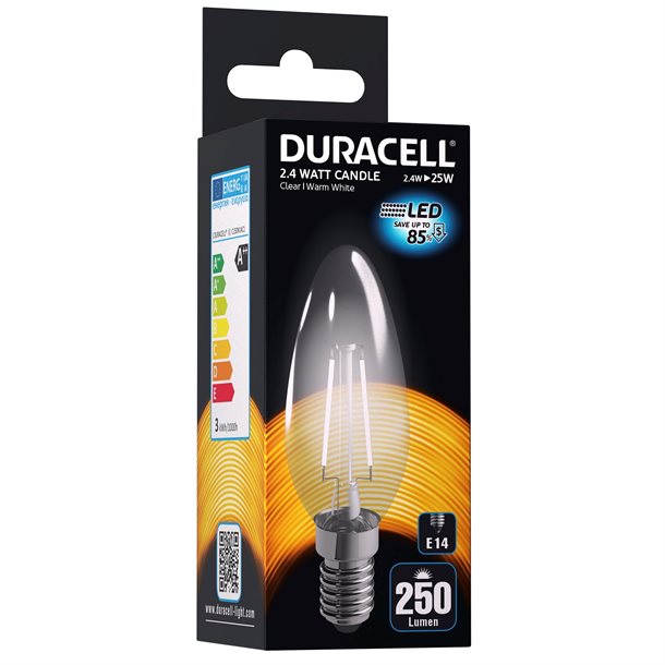 Duracell® LED klar filament kerte pære E14 med 250 lumen - (svarer til 25W) C150N14C