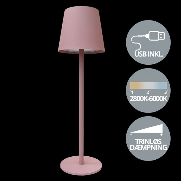 Genopladelig bordlampe med kelvin-skift, trinløst dæmpning, 36,5 cm høj, i farven gammel rosa - IP44 CB218013