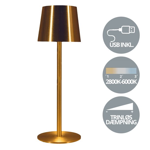 Genopladelig bordlampe med kelvin-skift, trinløst dæmpning, 36,5 cm høj, i Guld / Messing farve - IP44 CB218497