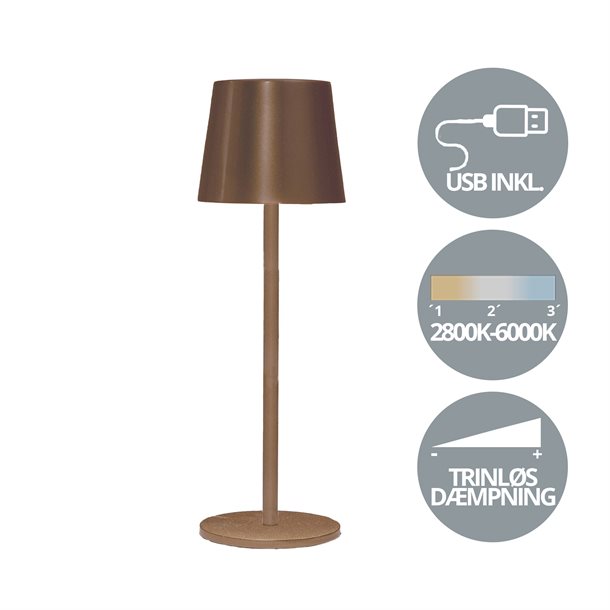 Genopladelig bordlampe med kelvin-skift, trinløst dæmpning, 27,5 cm høj, i bronze farve - IP44 CB218504