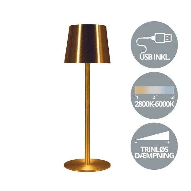 Genopladelig bordlampe med kelvin-skift, trinløst dæmpning, 27,5 cm høj, i Guld / Messing farve - IP44 CB218507