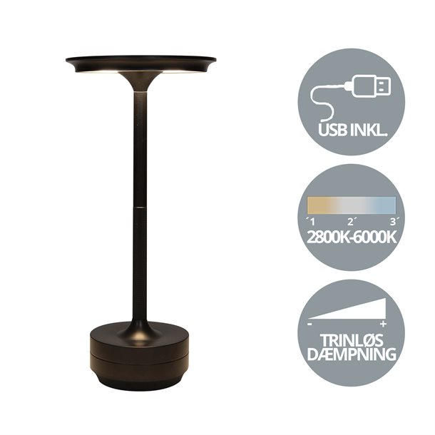 Genopladelig bordlampe med kelvin-skift, trinløst dæmpning, 28 cm høj, i matsort farve - IP44 CB218640  
