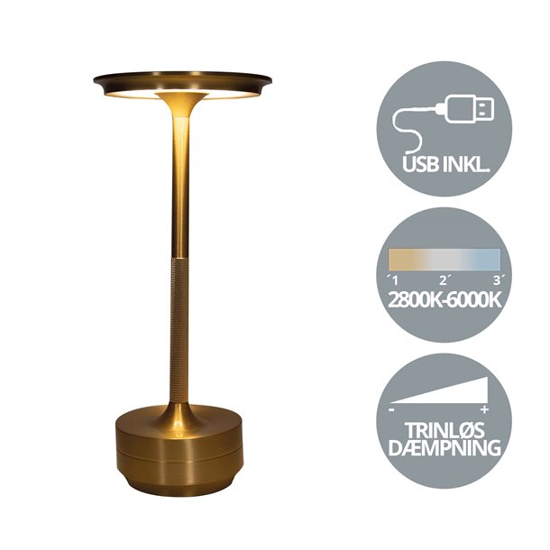 Genopladelig bordlampe med kelvin-skift, trinløst dæmpning, 28 cm høj, i guld/messing farve - IP44 CB218647