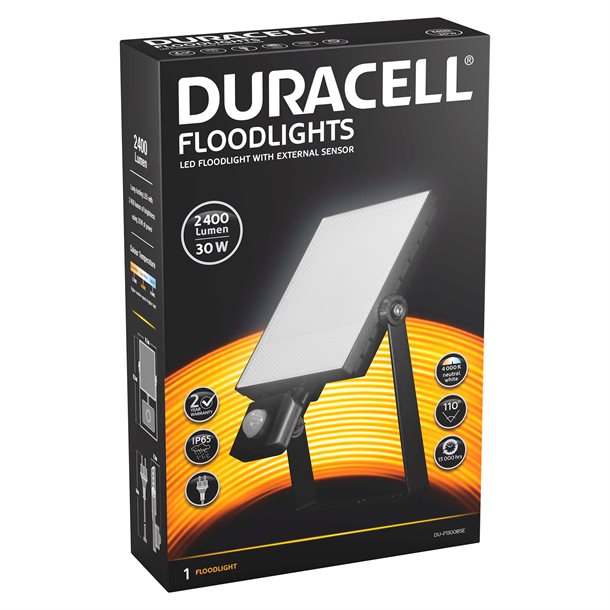 DURACELL LED projektør 30W med sensor 2400 lumen DU-F1300BSE  