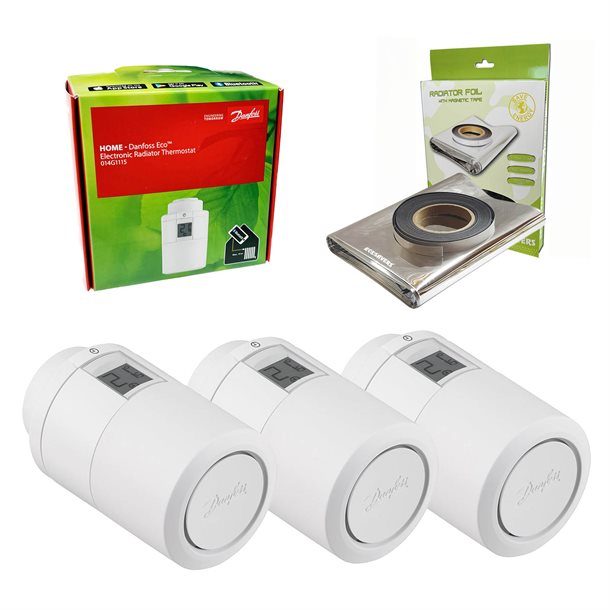 3 stk. Danfoss Eco™ Bluetooth radiatortermostat til smartphone + 1pk. radiatorfolie 014G1115 - Bundle