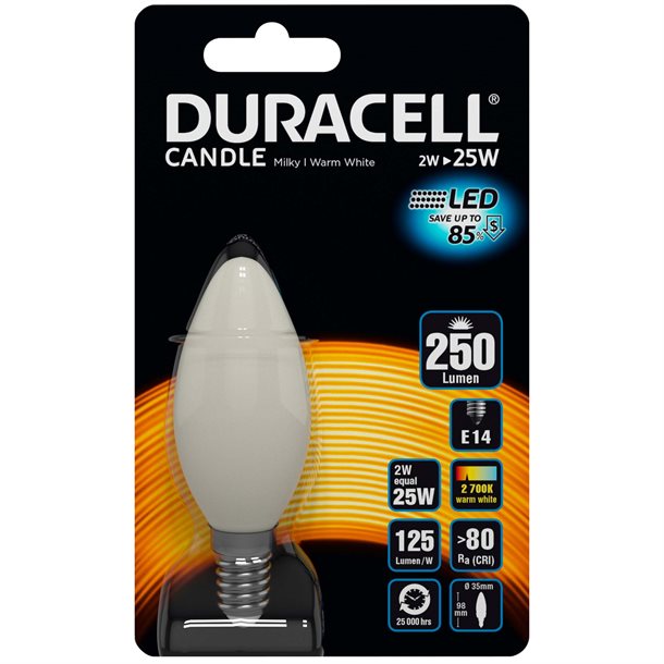 Duracell® LED filament - hvid kerte pære E14 med 250 lumen - FC25M2N14B1