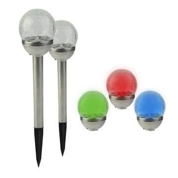 2 stk dekorative solcellelamper, i rustfrit stål og med RGB-farveskiftene krakeleret glaskugle GL060S2EZ  
