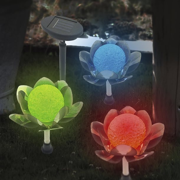 Dekorativ skulpturel solcellelampe - Lotusblomst 3 stk med Hvid og RGB GL1017EZ