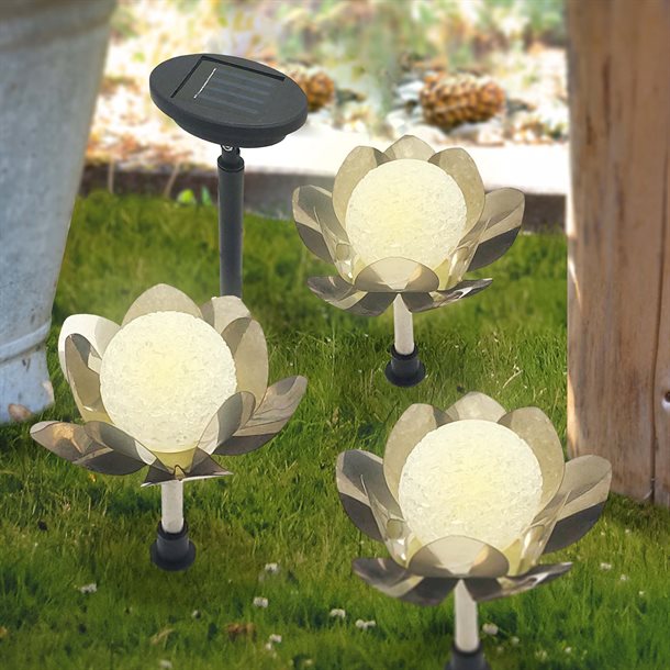 Dekorativ skulpturel solcellelampe - Lotusblomst 3 stk med Hvid og RGB GL1017EZ