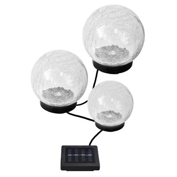 3 krakeleret glaskugler med solcellepanel i varm hvid eller RGB farveskift fra eZsolar GL1018EZ  