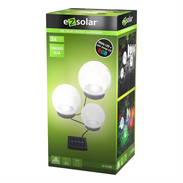 3 krakeleret glaskugler med solcellepanel i varm hvid eller RGB farveskift fra eZsolar GL1018EZ  