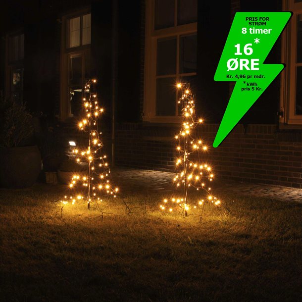 2 stk. LED juletræer på 1,5 meter med 280 LED’er i varm hvid, inklusiv stænger, pløkker og timer