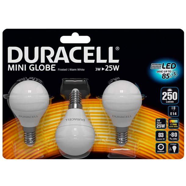 Duracell® LED krone pære 3 stk. E14 med 250 lumen - (svarer til 25W) M25F2N14B3