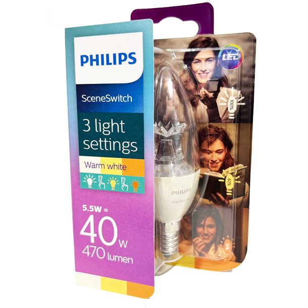 Philips Sceneswitch 3-trin dæmpbar LED kertepære E14 5,5 watt med 470 lumen (svare til 40W) #322263854802