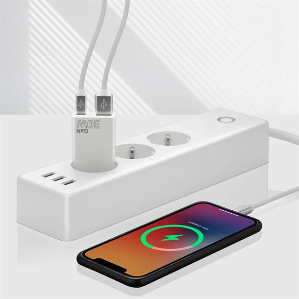 Intelligent USB hurtigoplader på 30 W - Hurtigopladningsfunktion - 2 x 3A - med 2 output: 1 - USB-A 1 USB-C SC-380Q