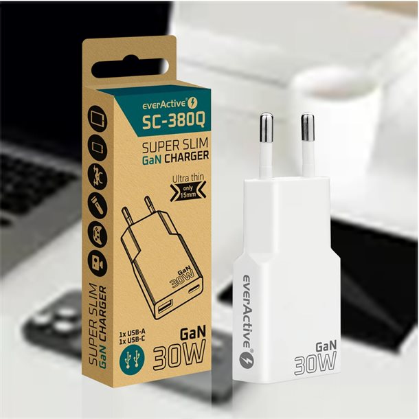 Intelligent USB hurtigoplader på 30 W - Hurtigopladningsfunktion - 2 x 3A - med 2 output: 1 - USB-A 1 USB-C SC-380Q