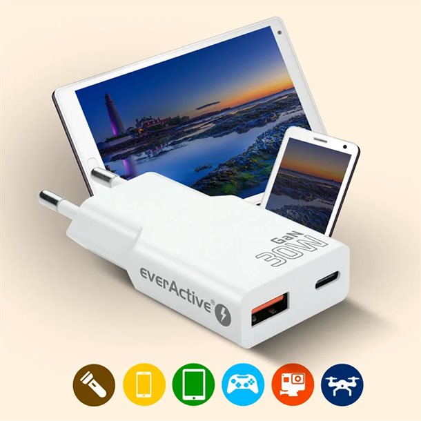 Intelligent USB hurtigoplader på 30 W - Hurtigopladningsfunktion - 2 x 3A - med 2 output: 1 - USB-A 1 USB-C SC-380Q